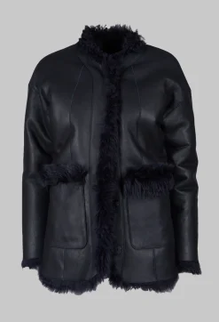 Reversible Shearling Coat with Fur Lining in Night Sky Navy