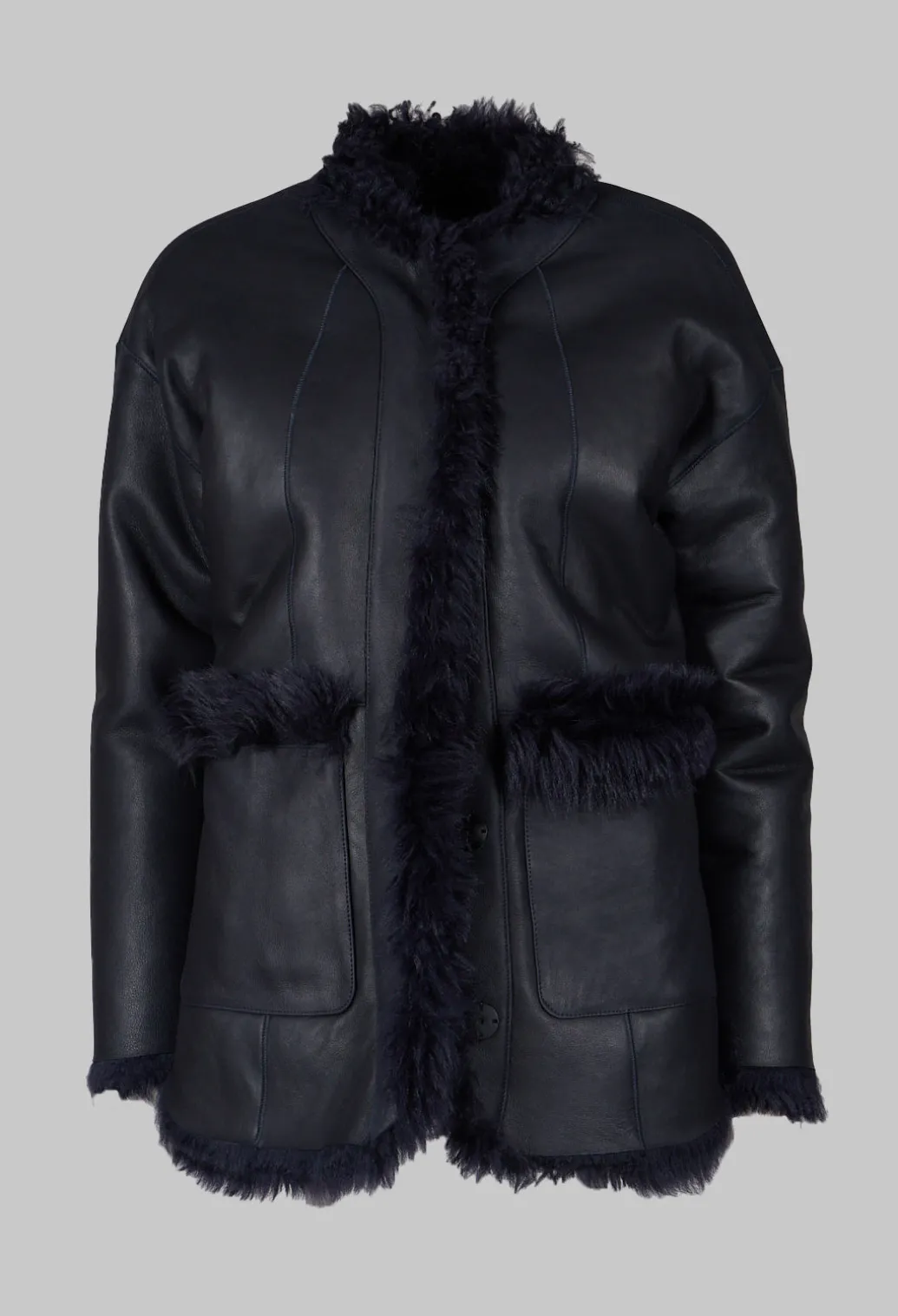 Reversible Shearling Coat with Fur Lining in Night Sky Navy