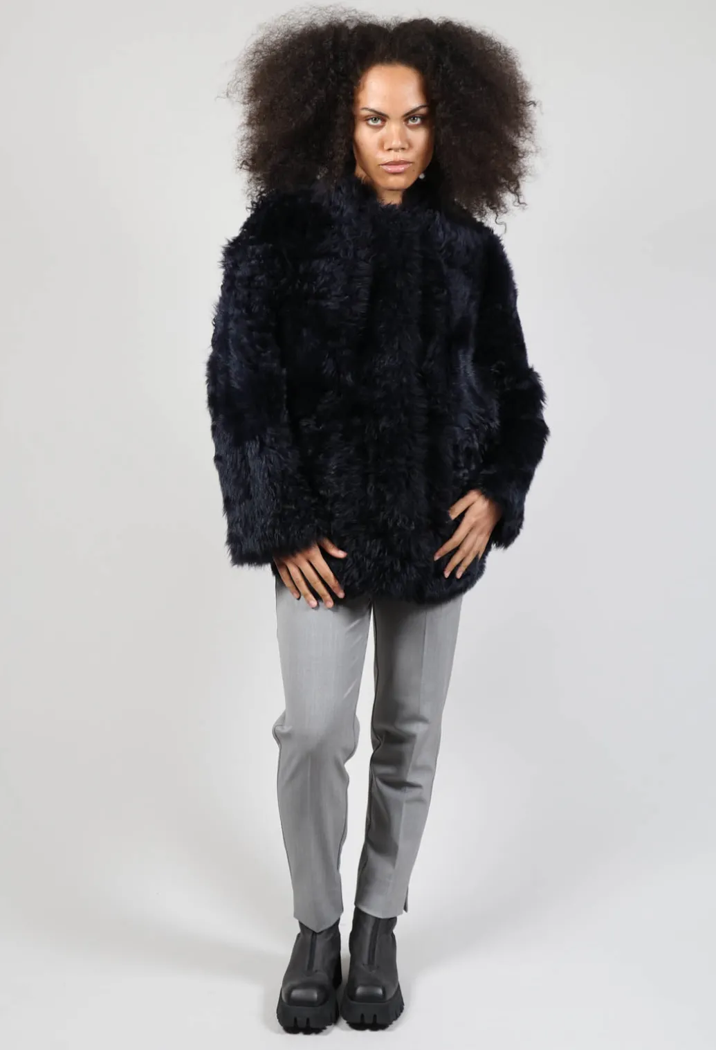 Reversible Shearling Coat with Fur Lining in Night Sky Navy