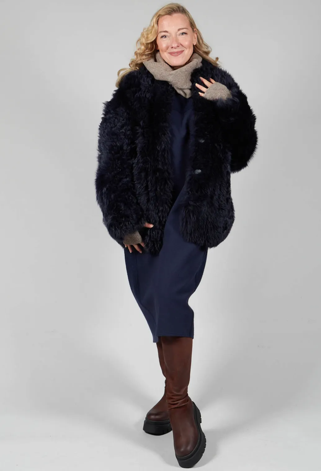 Reversible Shearling Coat with Fur Lining in Night Sky Navy