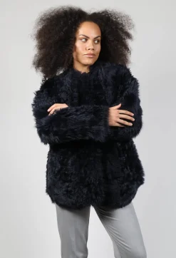 Reversible Shearling Coat with Fur Lining in Night Sky Navy