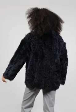 Reversible Shearling Coat with Fur Lining in Night Sky Navy