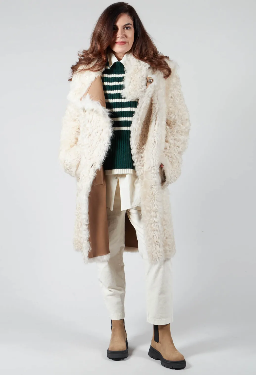 Reversible Toscana Coat with Fur Lining in Camel Cream