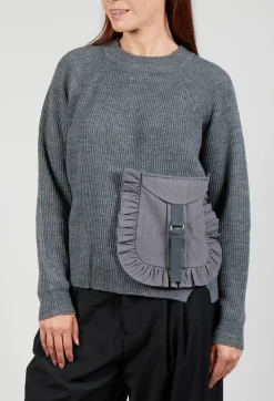 Ribbed Knit Jumper with Feature Pocket in Fumo and Stone