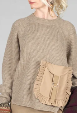 Ribbed Knit Jumper with Feature Pocket in Visone and Camel