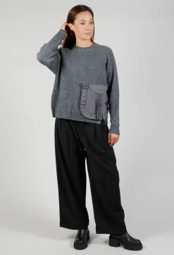 Ribbed Knit Jumper with Feature Pocket in Fumo and Stone
