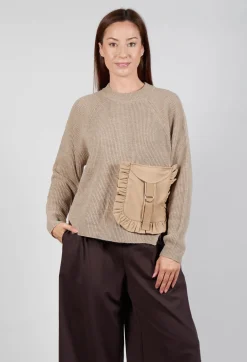 Ribbed Knit Jumper with Feature Pocket in Visone and Camel