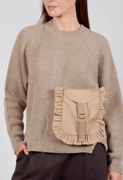 Ribbed Knit Jumper with Feature Pocket in Visone and Camel