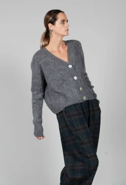 Ribbed V Neck Buttoned Sweater in Ash Grey