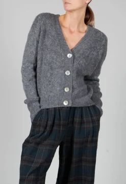 Ribbed V Neck Buttoned Sweater in Ash Grey