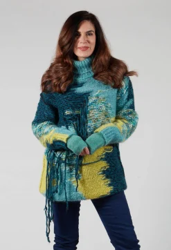 Roll Neck Jumper with Fringe Detail in Turquoise