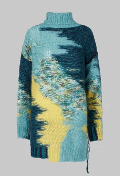 Roll Neck Jumper with Fringe Detail in Turquoise