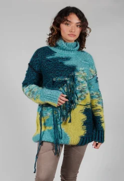 Roll Neck Jumper with Fringe Detail in Turquoise
