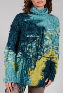 Roll Neck Jumper with Fringe Detail in Turquoise