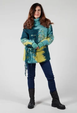 Roll Neck Jumper with Fringe Detail in Turquoise