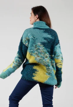 Roll Neck Jumper with Fringe Detail in Turquoise