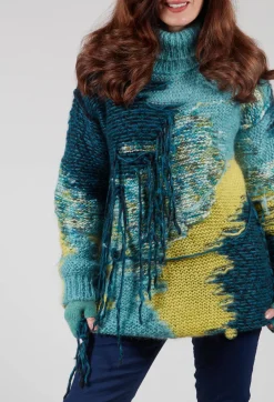 Roll Neck Jumper with Fringe Detail in Turquoise