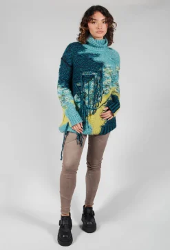 Roll Neck Jumper with Fringe Detail in Turquoise