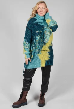 Roll Neck Jumper with Fringe Detail in Turquoise