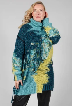 Roll Neck Jumper with Fringe Detail in Turquoise