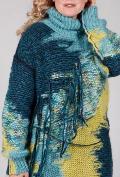 Roll Neck Jumper with Fringe Detail in Turquoise