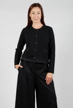 Round Neck Cardigan with Pleated Hem in Nero