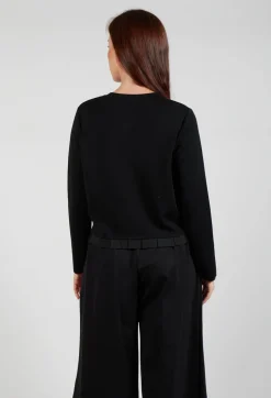 Round Neck Cardigan with Pleated Hem in Nero