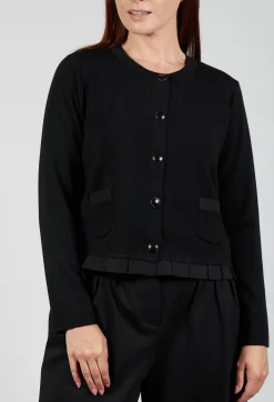 Round Neck Cardigan with Pleated Hem in Nero