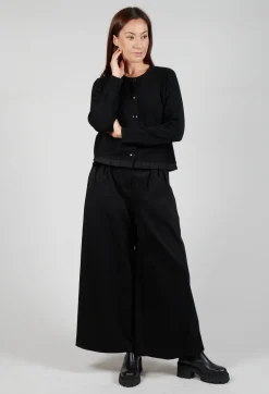 Round Neck Cardigan with Pleated Hem in Nero