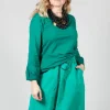 Round Neck Long Sleeved T Shirt with Bell Sleeves in Green