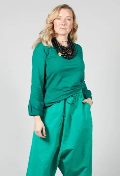 Round Neck Long Sleeved T Shirt with Bell Sleeves in Green