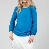 Round Neck Long Sleeved T Shirt with Bell Sleeves in Blue