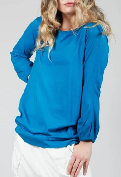 Round Neck Long Sleeved T Shirt with Bell Sleeves in Blue