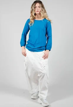 Round Neck Long Sleeved T Shirt with Bell Sleeves in Blue