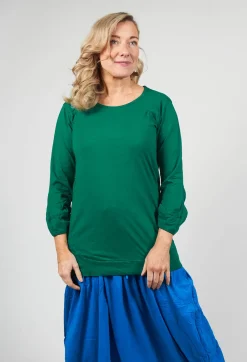 Round Neck Long Sleeved T Shirt with Bell Sleeves in Green