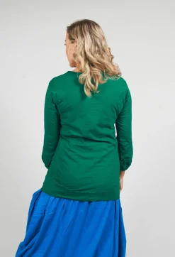 Round Neck Long Sleeved T Shirt with Bell Sleeves in Green