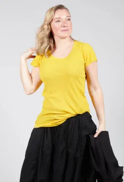 Round Neck Short Sleeved T Shirt with Skirt Panel in Lemon