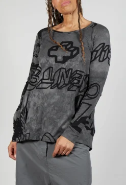 Round Neck Top with Lettering Design in Rock Print