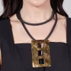 Rubber Necklace with Three Square Brass Pendant in Golden