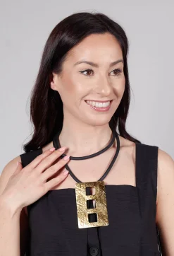 Rubber Necklace with Three Square Brass Pendant in Golden