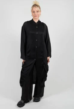 Ruched Shirt Dress in Raso di Viscosa and Viscosa Seta Nero