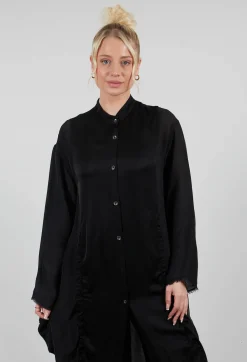 Ruched Shirt Dress in Raso di Viscosa and Viscosa Seta Nero