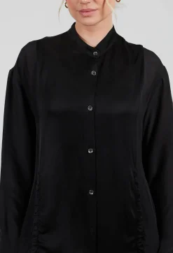 Ruched Shirt Dress in Raso di Viscosa and Viscosa Seta Nero