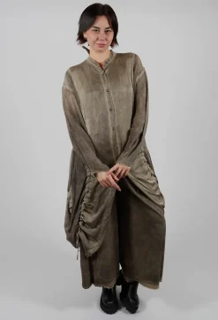 Ruched Shirt Dress in Raso di Viscosa and Viscosa Seta Green Tuscany