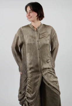 Ruched Shirt Dress in Raso di Viscosa and Viscosa Seta Green Tuscany