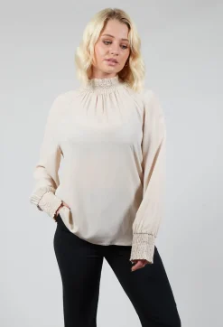 Ruffled Silk Blend Blouse in Sand
