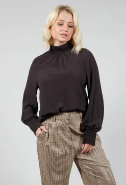 Ruffled Silk Blend Blouse in Espresso Brown