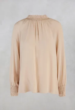 Ruffled Silk Blend Blouse in Sand