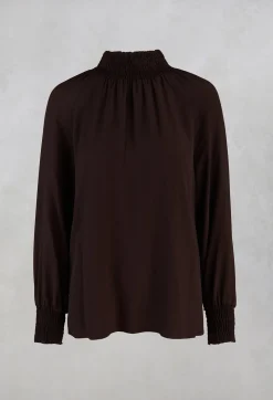 Ruffled Silk Blend Blouse in Espresso Brown