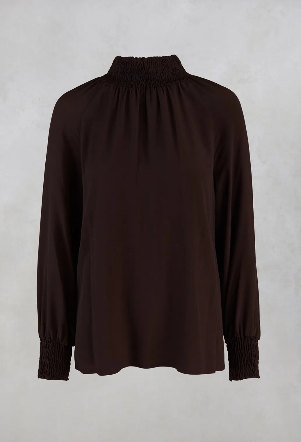 Ruffled Silk Blend Blouse in Espresso Brown